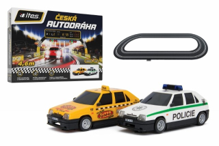 Základní set autodráha ITES - model SRC 2 auta Favorit (žluté Taxi a bílé policejní) 1:28 , délka 4,2m